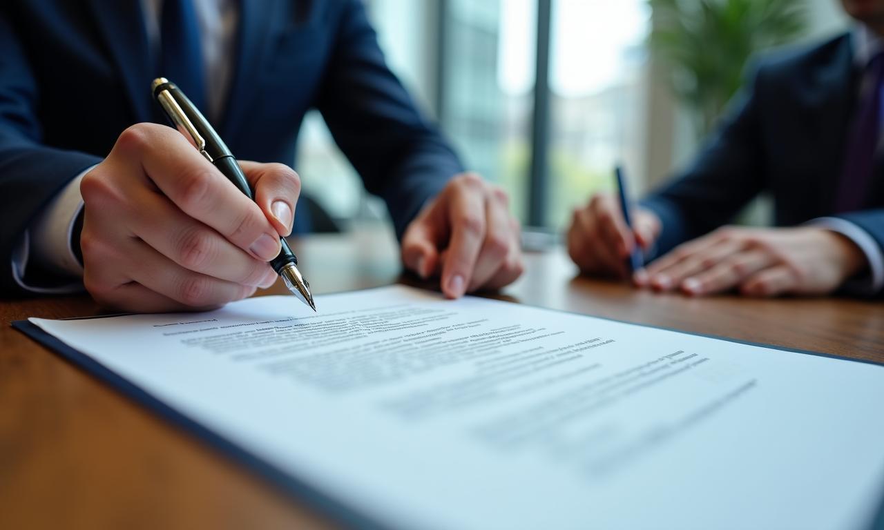 Close up of a legal professional reviewing a complex contract in a London office